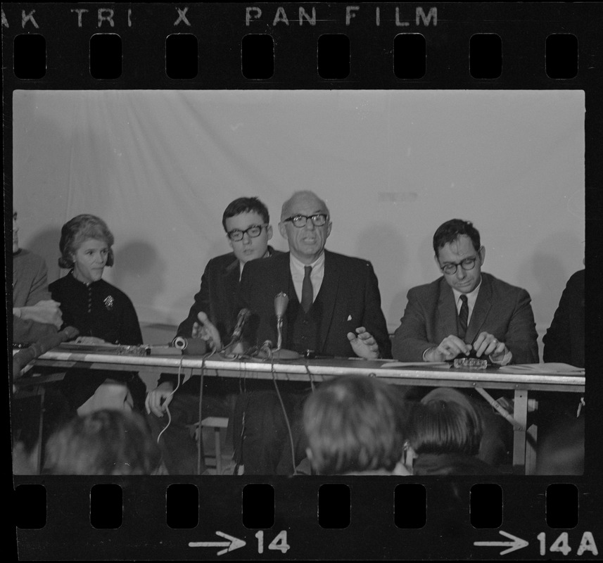 Jane Spock, Michael Ferber, Benjamin Spock, and Marcus Raskin at "Boston Five" press conference at Arlington Street Church