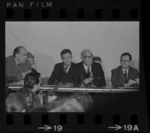 Mitchell Goodman, Jane Spock, Michael Ferber, Benjamin Spock, and Marcus Raskin at "Boston Five" press conference at Arlington Street Church