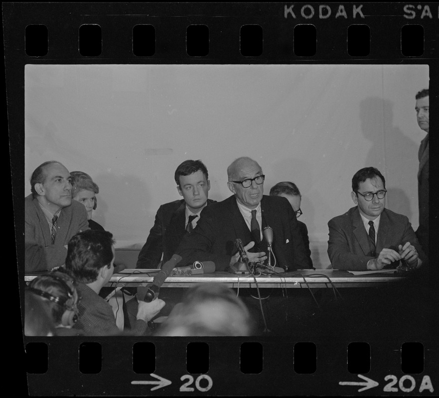 Mitchell Goodman, Jane Spock, Michael Ferber, Benjamin Spock, and Marcus Raskin at "Boston Five" press conference at Arlington Street Church