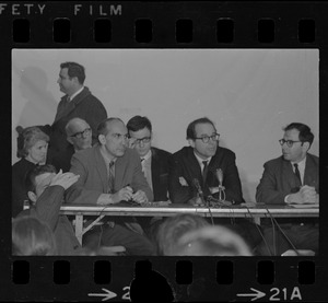 Jane Spock, Benjamin Spock, Mitchell Goodman, Michael Ferber, William Sloane Coffin, and Marcus Raskin at "Boston Five" press conference at Arlington Street Church