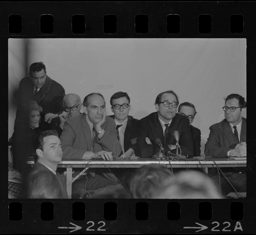 Jane Spock, Benjamin Spock, Mitchell Goodman, Michael Ferber, William Sloane Coffin, and Marcus Raskin at "Boston Five" press conference at Arlington Street Church