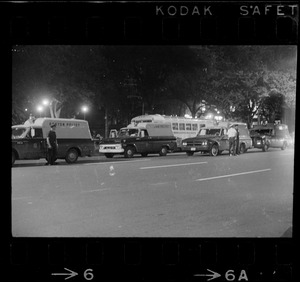 Boston Police vehicles lined up at Boston Common before curfew protest