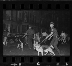 Police with dogs patrolling area around Boston Common during curfew