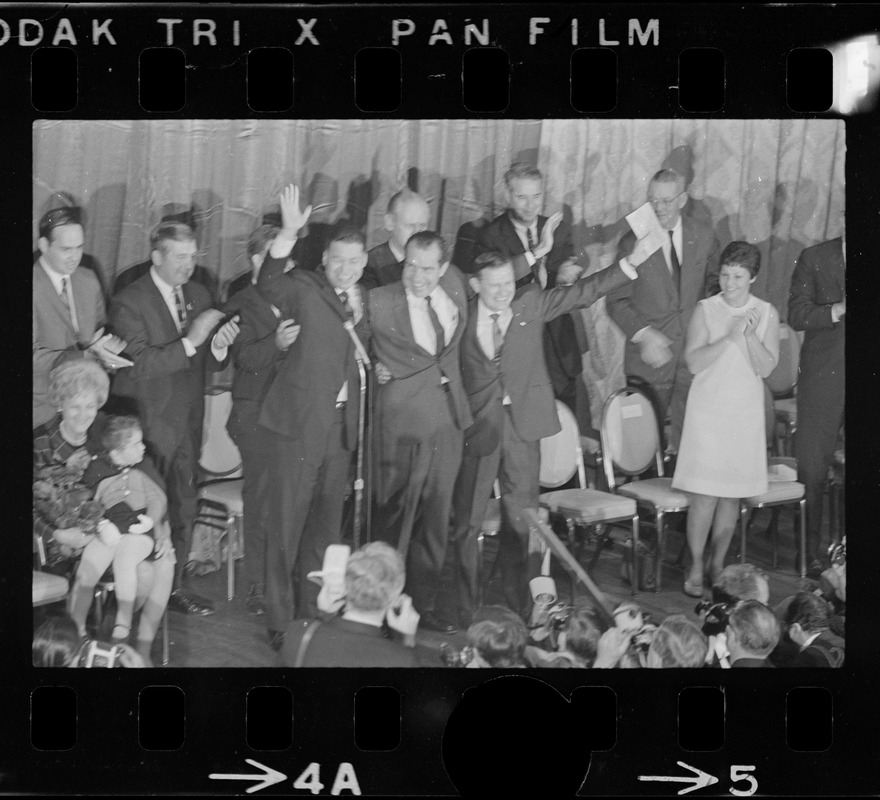 Sen. Edward Brooke, Richard Nixon, and Gov. John Volpe during campaign ...