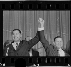 Sen. Edward Brooke and Gov. John Volpe during Richard Nixon campaign rally at Somerset Hotel