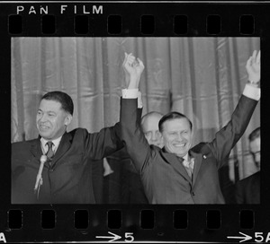Sen. Edward Brooke and Gov. John Volpe during Richard Nixon campaign rally at Somerset Hotel