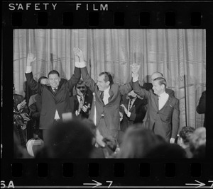 Sen. Edward Brooke, Richard Nixon, and Gov. John Volpe during campaign rally at Somerset Hotel