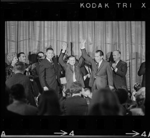 Sen. Edward Brooke, Gov. John Volpe, and Richard Nixon during campaign rally at Somerset Hotel
