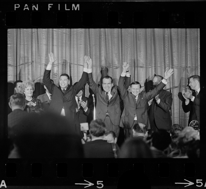 Sen. Edward Brooke, Richard Nixon, and Gov. John Volpe during campaign rally at Somerset Hotel