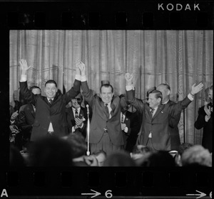 Sen. Edward Brooke, Richard Nixon, and Gov. John Volpe during campaign rally at Somerset Hotel