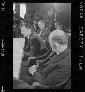Harvard's new president Derek C. Bok, accompanied by former Treasury Sec. Douglas Dillon, now of Harvard's Board of Overseers (right) and Corporation Member Francis Burr, meets with newsmen