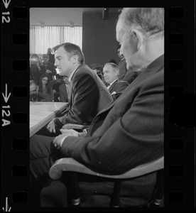 Harvard's new president Derek C. Bok, accompanied by former Treasury Sec. Douglas Dillon, now of Harvard's Board of Overseers (right) and Corporation Member Francis Burr, meets with newsmen