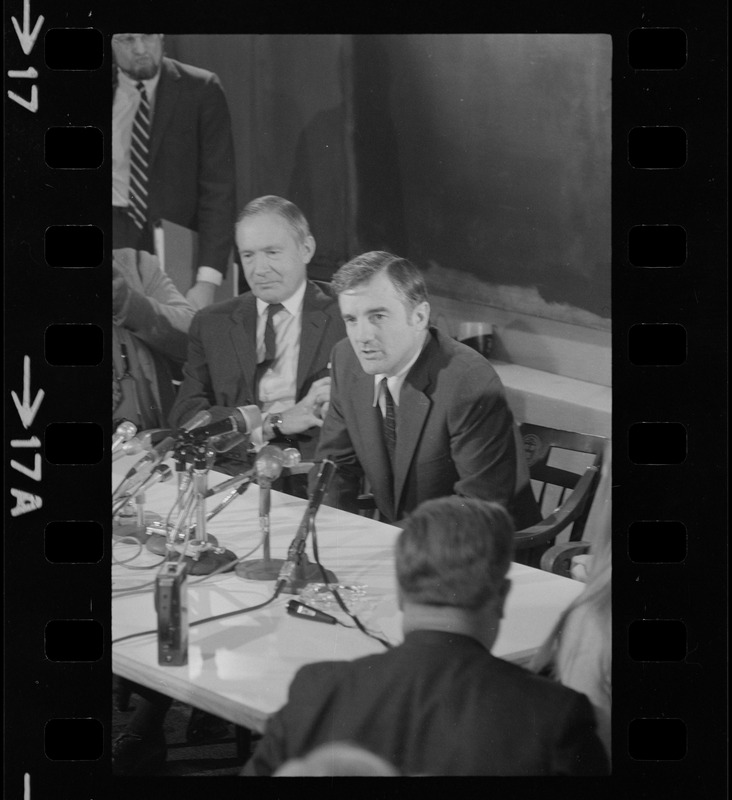 Francis Burr and Derek C. Bok at press conference announcing Bok as Harvard president