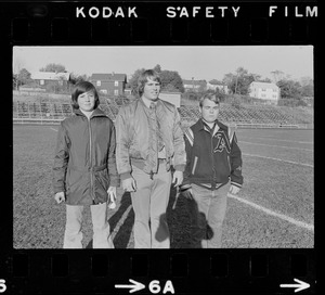 Arlington High School football managers, possibly Gregg Wedge, Gerry McCarthy, and Tom Cook