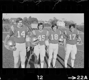 Arlington High School football players Bill Dwyer, Paul Ligor, unidentified, possibly Jim Sullivan