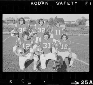 Arlington High School football players Larry Nigro, Dave Santos, Steve Neri, Joe Papagni, Rusty Garrity, and Bob Macchia