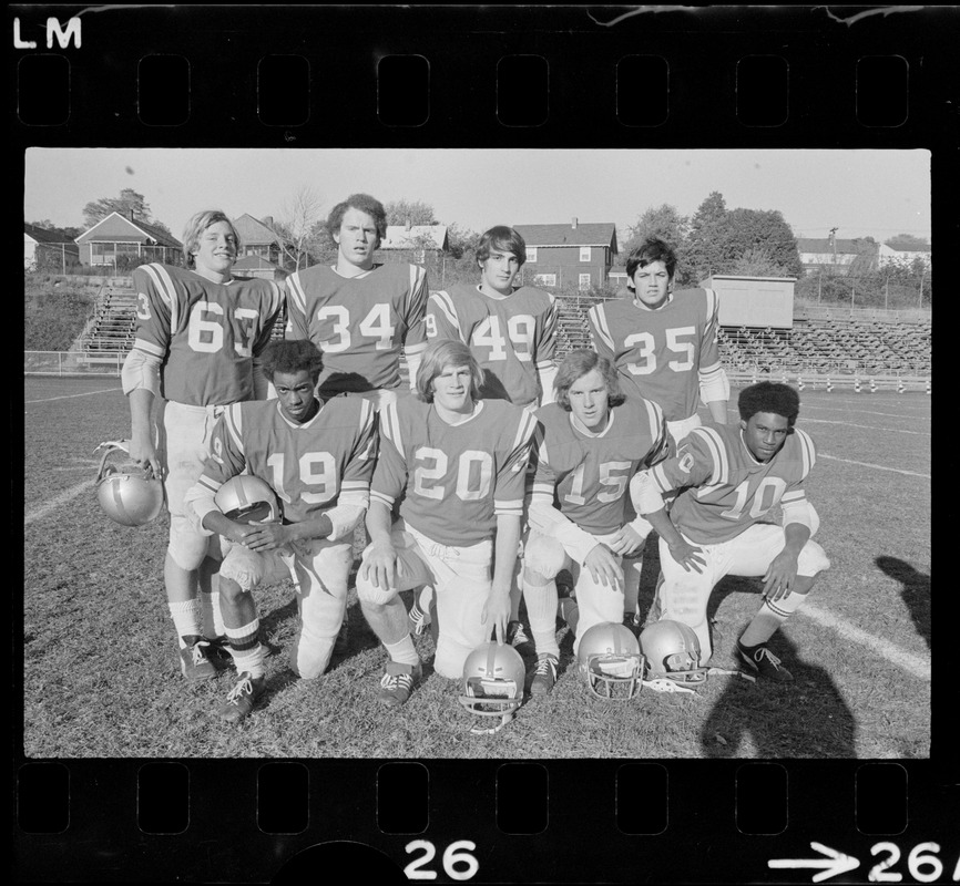 Arlington High School football players unidentified, Jerry Jacobs, possibly Dave Seward, Wayne Michealsen, Bob Taccini, unidentified, unidentified, and Bill Coleman