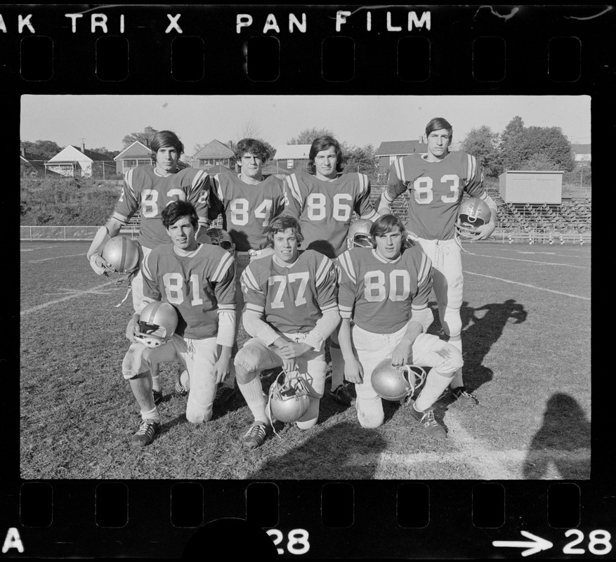 Arlington High School football players John McCarthy, Dennis McEliney, Paul Nelson, unidentified, Ed Strob, Dave Spinosa, and Bob Manderino