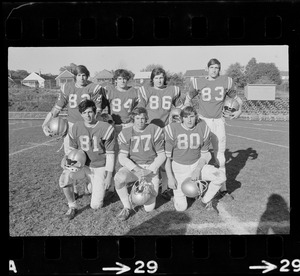 Arlington High School football players John McCarthy, Dennis McEliney, Paul Nelson, unidentified, Ed Strob, Dave Spinosa, and Bob Manderino