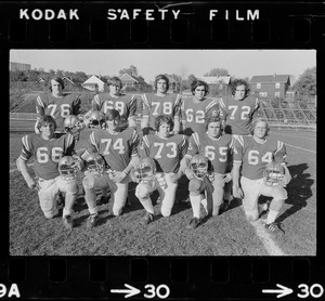 Arlington High School football players Jim Lutz, Jack Duffett, Dan Simone, Bob Perriello, Tom Harrington, Mark Whitney, Jim Doherty, Dave Thomas, Brian Egan, and Ed Verney