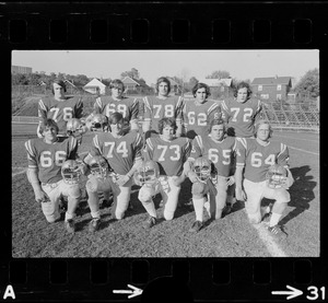 Arlington High School football players Jim Lutz, Jack Duffett, Dan Simone, Bob Perriello, Tom Harrington, Mark Whitney, Jim Doherty, Dave Thomas, Brian Egan, and Ed Verney