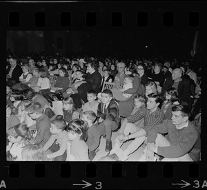 Audience watching performance of "Puss in Boots -- The Canterbury Cat" by the Charles Playhouse Musical Theatre for Children at War Memorial Auditorium