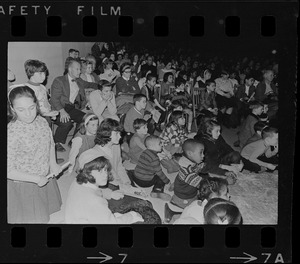 Audience watching performance of "Puss in Boots -- The Canterbury Cat" by the Charles Playhouse Musical Theatre for Children at War Memorial Auditorium