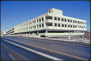 Part of series on Mass. Transit - new Quincy Rapid Transit line to Boston showing parking garage