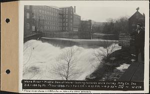 Ware River, middle dam at Ware, looking towards Ware Valley Manufacturing Co., drainage area = 168 square miles, flow 1180 cubic feet per second over dam, 100 cubic feet per second through wheels, total 1280 cubic feet per second = 7.6 cubic feet per second per square mile, Ware, Mass., 4:35 PM, Apr. 3, 1933