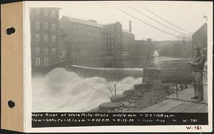 Ware River at Ware Mills Otis Co. middle dam, drainage area = 168 square miles, flow = 1694 cubic feet per second = 10.1 cubic feet per second per square mile, Ware, Mass., 4:00 PM, Apr. 13, 1934