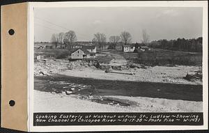 Washout on Poole Street looking easterly, showing new channel of Chicopee River, Ludlow, Mass., Oct. 17, 1938