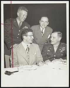 B'Nai B'Rith Honors Warriors- Col. Creighton Abrams and Lt. -Col. Harold Cohen (seated, left and right), who directed the spearhead attacks of Gen. Patton's Third Army forces in Europe, were guests of honor at a dinner meeting of Amos Lodge, B'nai B'rith, at Temple Ohabei Shalom, Brookline. Standing, Brig. -Gen. Bruce C. Clark, left,