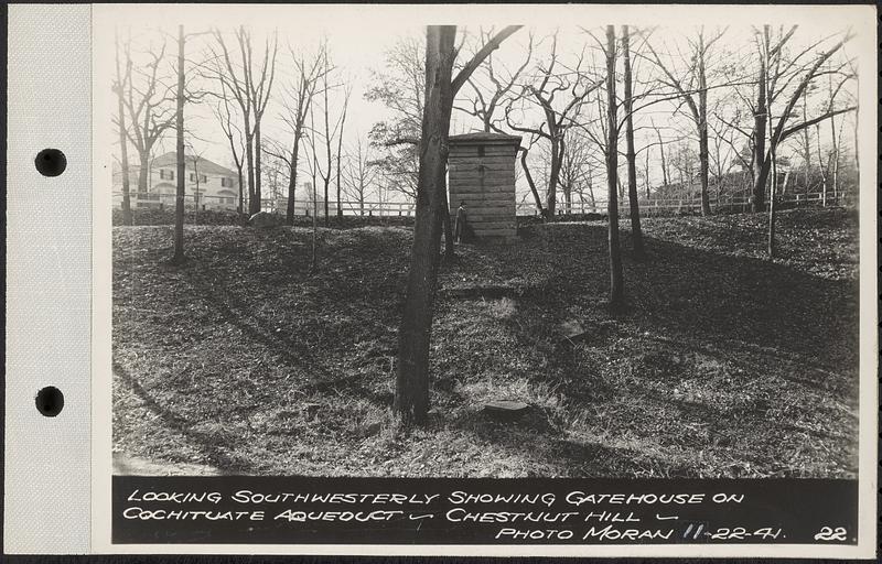 Views of Dane Property, Chestnut Hill Site, Newton Cemetery Site, Boston College Site, looking southwesterly showing gatehouse on Cochituate Aqueduct, Chestnut Hill, Brookline, Mass., Nov. 22, 1941