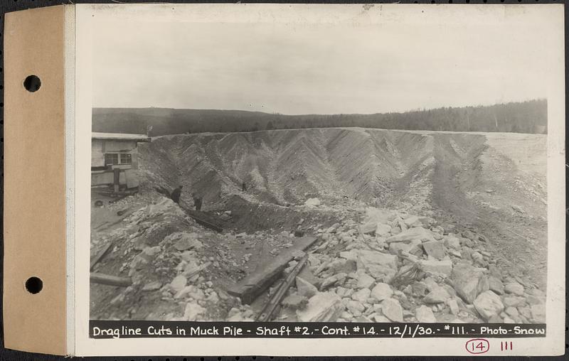 Contract No. 14, East Portion, Wachusett-Coldbrook Tunnel, West Boylston, Holden, Rutland, dragline cuts in muck pile, Shaft 2, Holden, Mass., Dec. 1, 1930