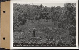 Contract No. 66, Regulating Dams, Middle Branch (New Salem), and East Branch of the Swift River, Hardwick and Petersham (formerly Dana), looking westerly at dam 1 from Sta. 56+75, middle branch regulating dam, Hardwick, Mass., Jun. 7, 1939