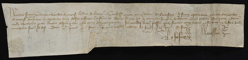 Acknowledgment of debts incurred by Louis, Duke of Orléans, and his company, to be paid by Jean, Duke of Berry