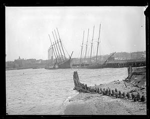 Old ships moored at Meridian St. drawbridge, East Boston, looking toward Chelsea