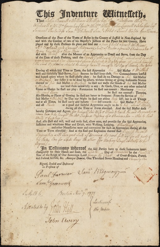 William McFarland indentured to apprentice with Samuel Ridgway [Ridgaway], Jr. of Boston, 6 November 1771