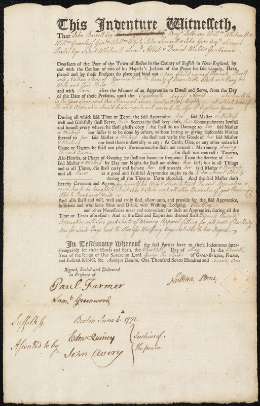Hannah Powell indentured to apprentice with Nathan Stone of Yarmouth, 30 May 1771