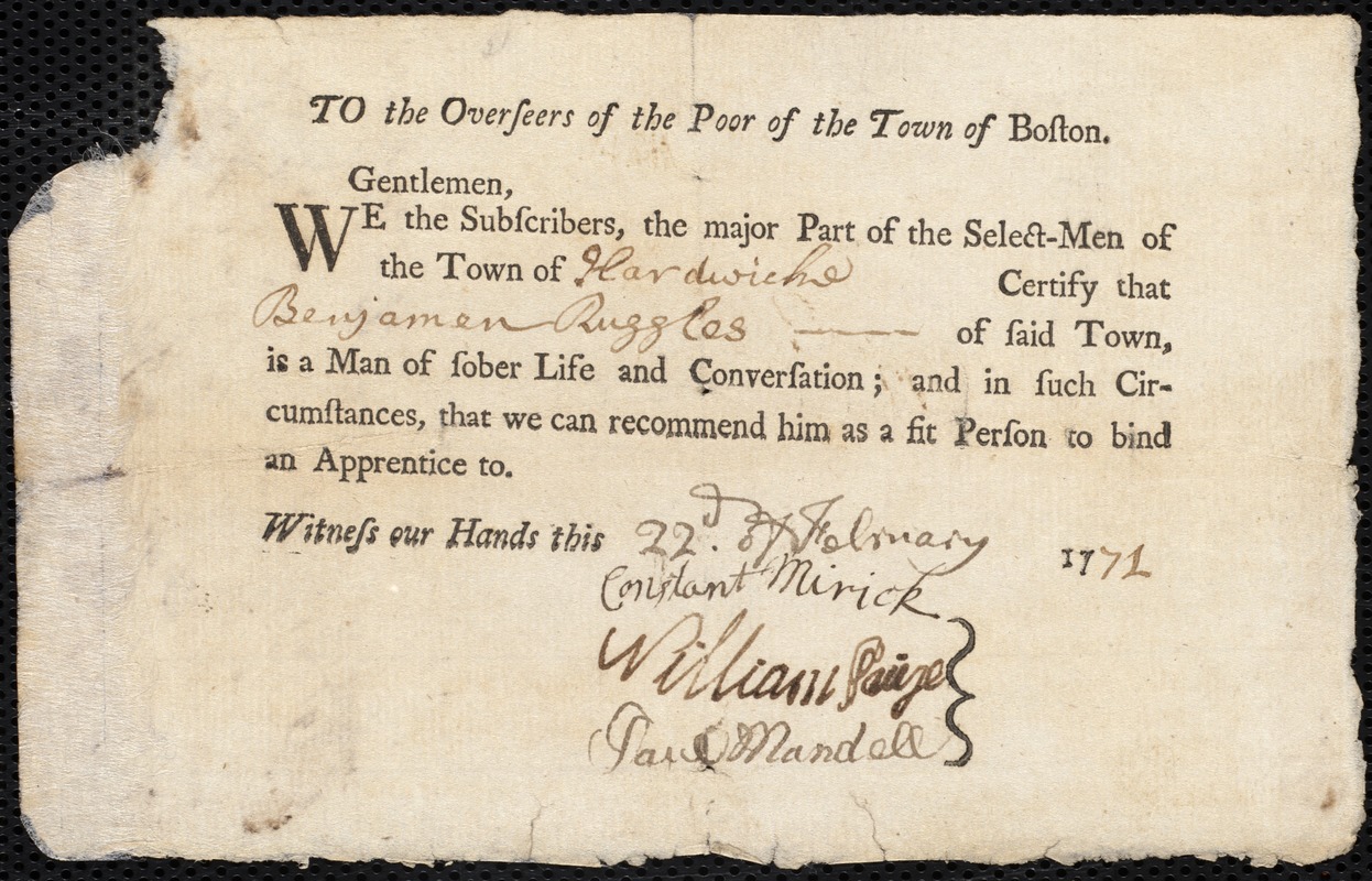 James Bailey indentured to apprentice with Benjamin Ruggles of Hardwick, 27 February 1771