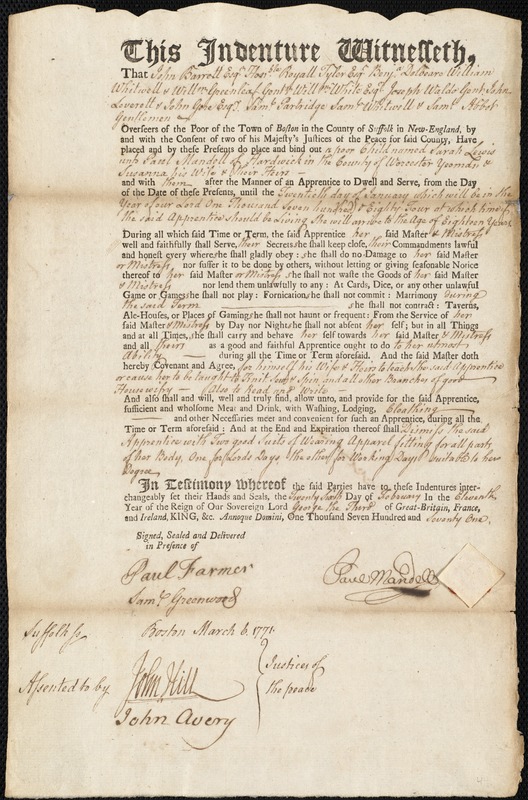 Sarah Lewis indentured to apprentice with Paul Mandell of Hardwick, 26 February 1771