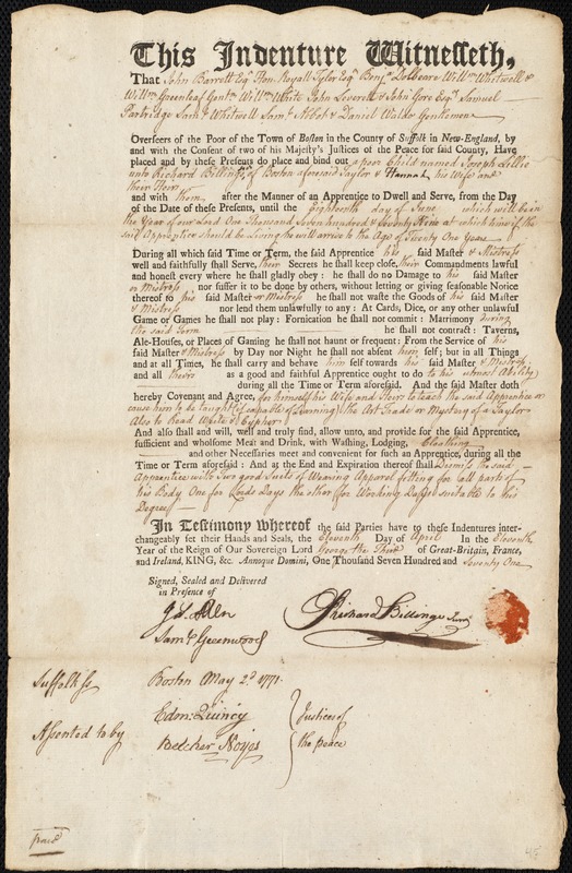 Joseph Lillie indentured to apprentice with Richard Billings,  Jr. of Boston, 11 April 1771