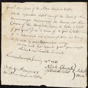 Nicholas Mangent indentured to apprentice with Peter Chapin of New Marlborough, 7 February 1771