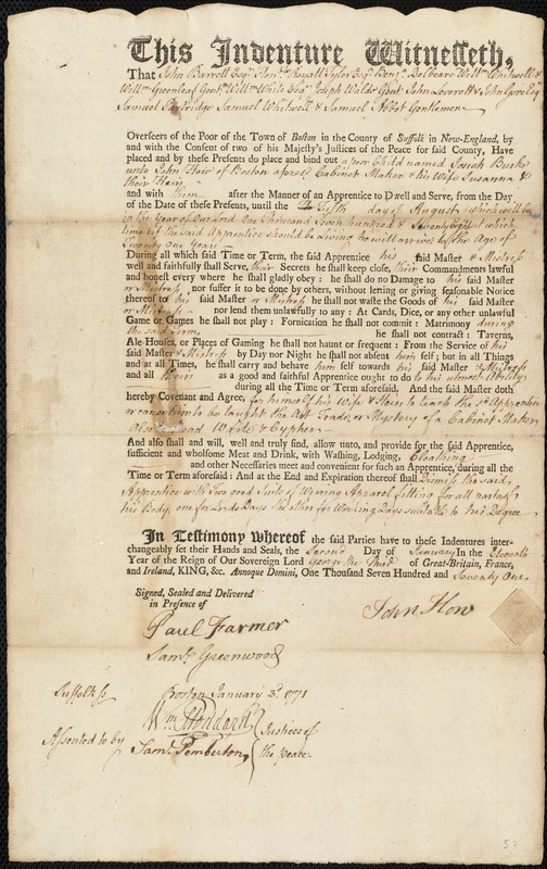 Josiah Burke indentured to apprentice with John Hon [How] of Boston, 2 January 1771