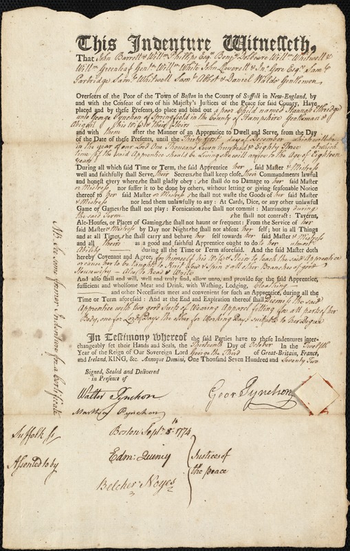 Hannah Ethridge indentured to apprentice with George Pynchon of Springfield, 13 October 1772