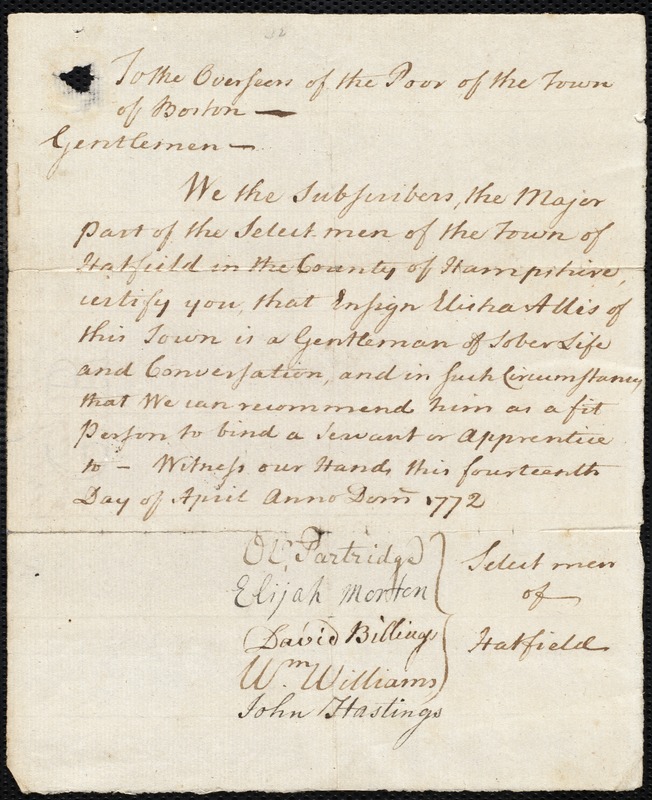 Mary Liscow indentured to apprentice with Elisha Allis of Hatfield, 27 April 1772
