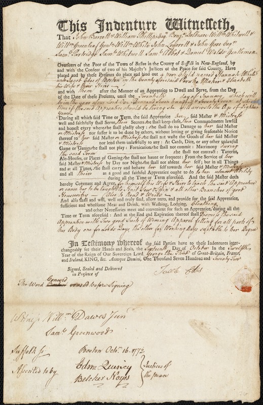 Hannah White indentured to apprentice with Jacob Edes of Boston, 16 October 1772