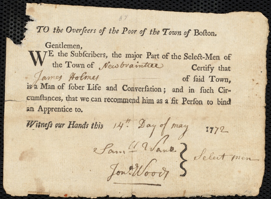 Benjamin Fitch indentured to apprentice with James Holmes of New Braintree, 5 August 1772