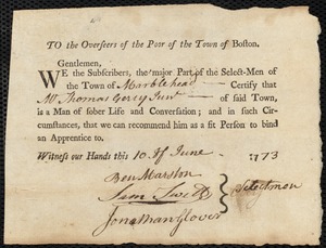 Cornelius Laha indentured to apprentice with Thomas Gerry [Gerrey], Jr. of Marblehead, 11 June 1773
