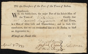 Thomas Codd indentured to apprentice with Samuel Benjamin of Watertown, 7 April 1773